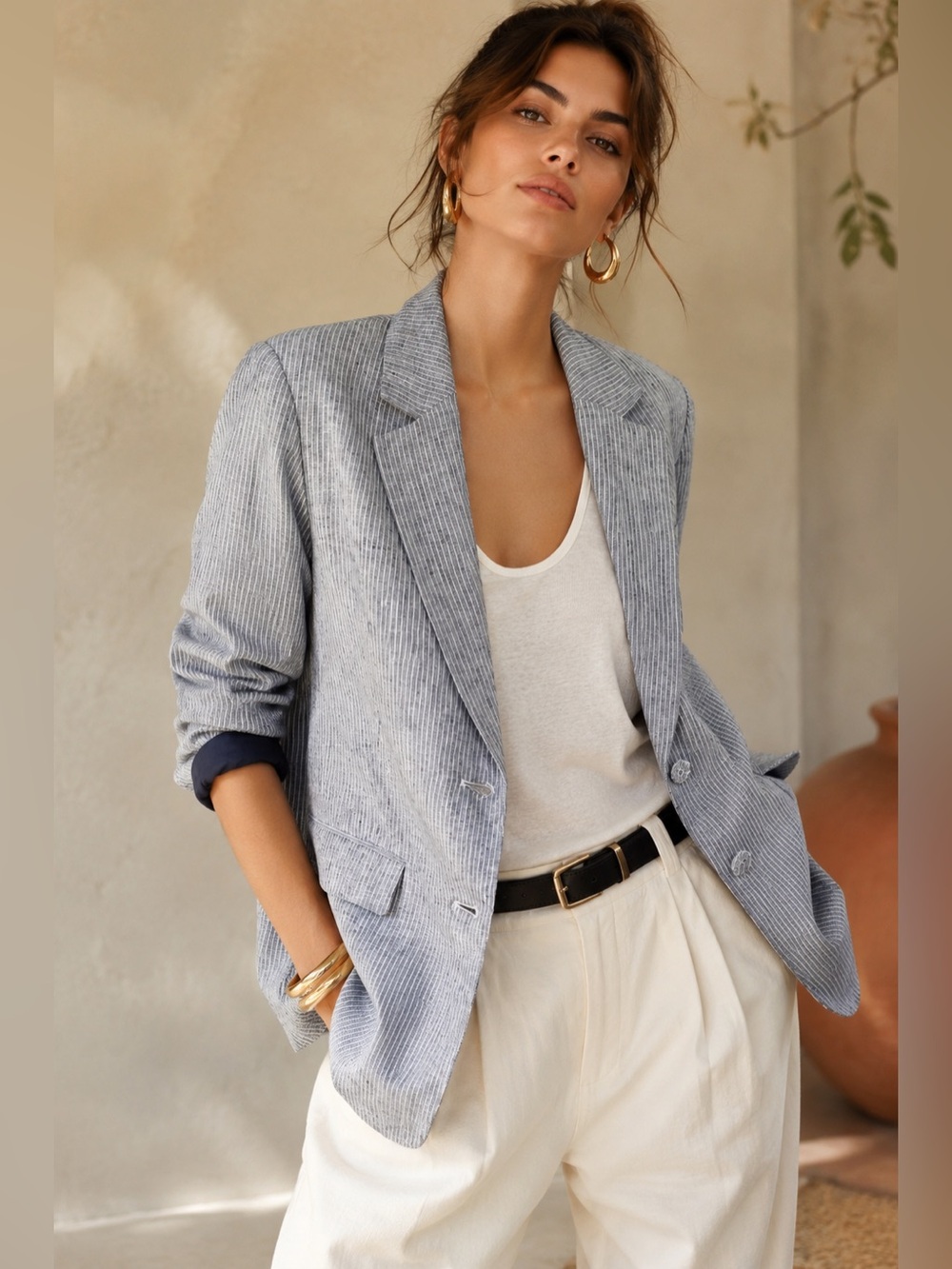 Everlane Linen Oversized Blazer Size 4 Navy White Pinstripe Coastal Preppy